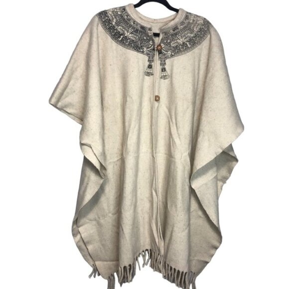 Boho Chic Mexican Vintage Wool Fringe Poncho Cape - Picture 1 of 7